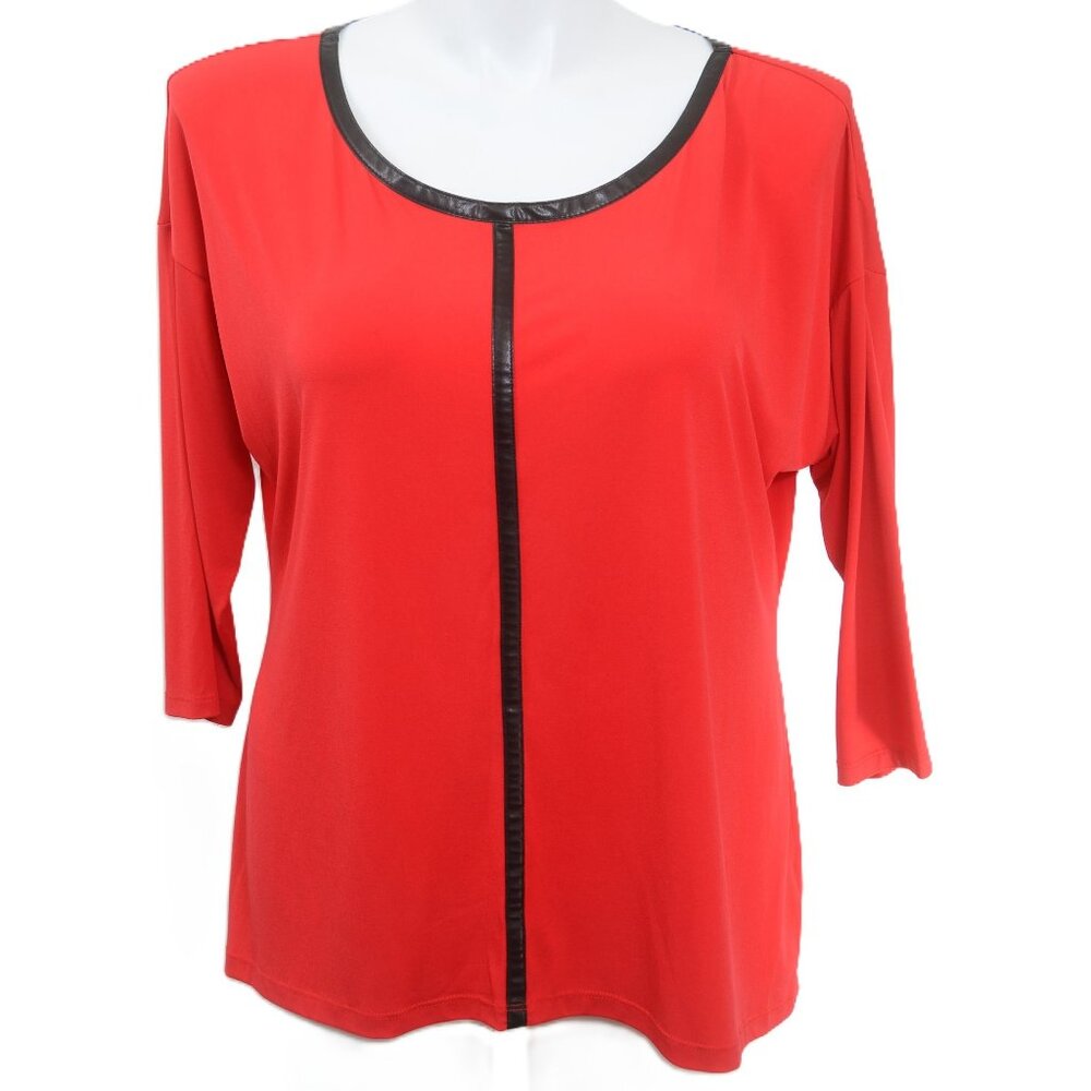Worthington PLUS Size 1X Faux Leather Trim 3/4 Sleeves Stretchy Blouse Tee